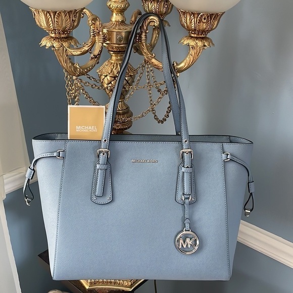 Brand New Michael Kors Voyager Genuine Leather Top Zip Tote Bag Chambray Blue - Picture 14 of 14